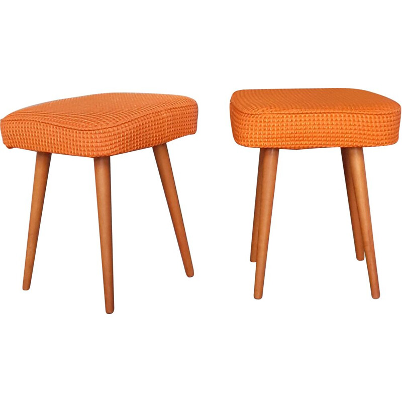 Pair of Walnut Orange Cloth Stools, Vintage Polish 1970