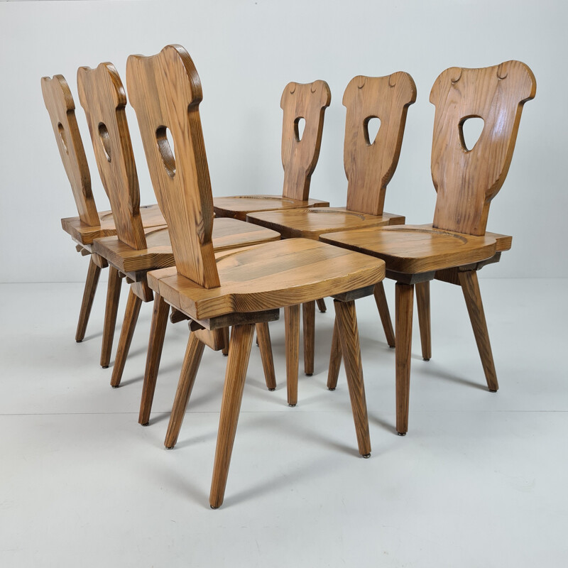 Lot de 6 chaises Brutalist vintage en pin suédois avec pieds octogonaux effilés 1960