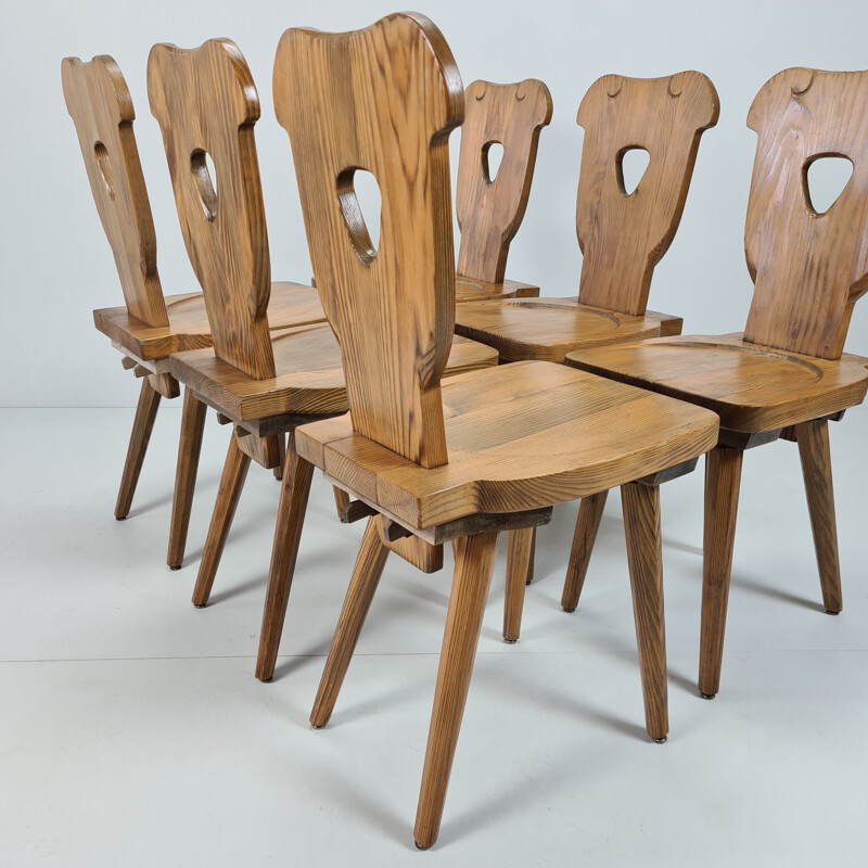 Set of 6 vintage Brutalist Swedish pine chairs with octagonal tapered legs 1960s