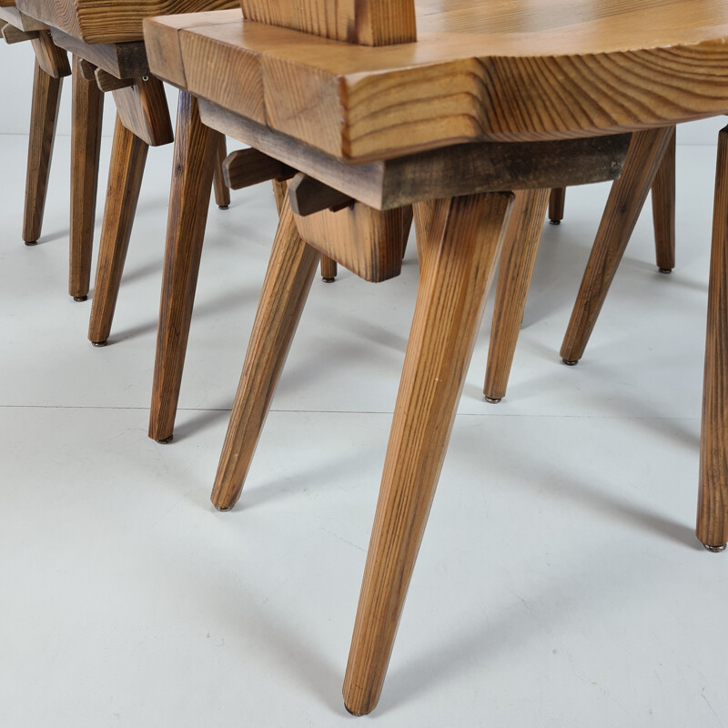Set of 6 vintage Brutalist Swedish pine chairs with octagonal tapered legs 1960s