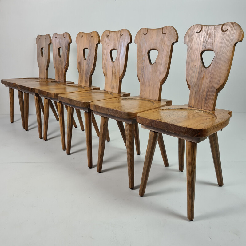 Set of 6 vintage Brutalist Swedish pine chairs with octagonal tapered legs 1960s