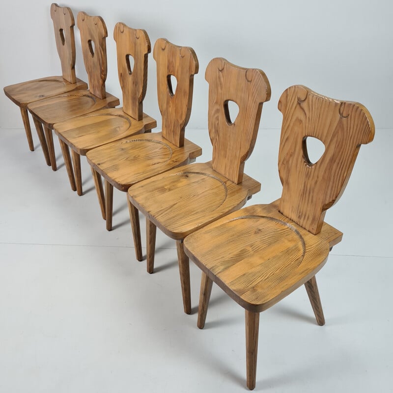Set of 6 vintage Brutalist Swedish pine chairs with octagonal tapered legs 1960s