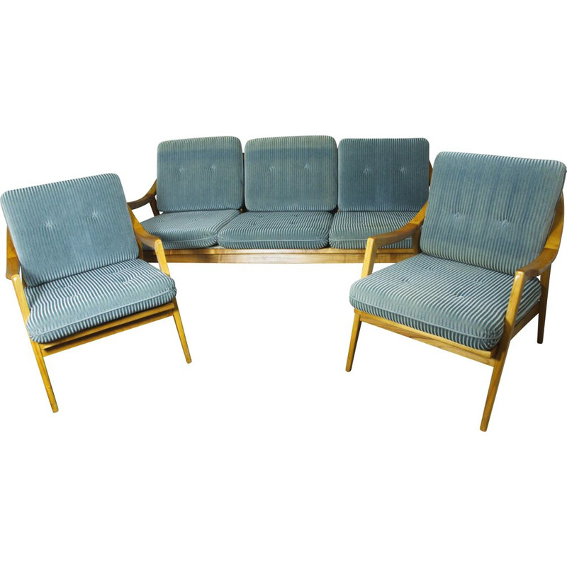Canapé et 2 fauteuils vintage en merisier velours bleu 1950