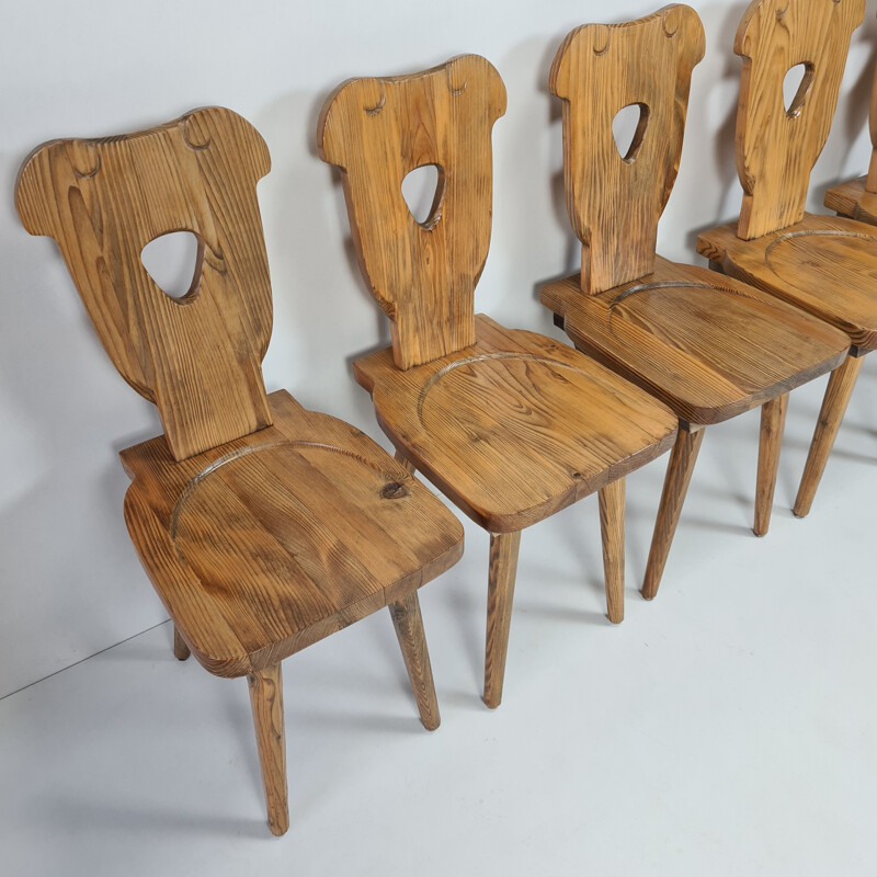 Lot de 6 chaises Brutalist vintage en pin suédois avec pieds octogonaux effilés 1960