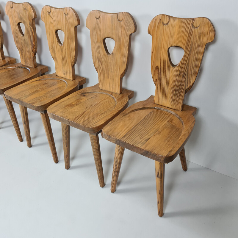 Set of 6 vintage Brutalist Swedish pine chairs with octagonal tapered legs 1960s