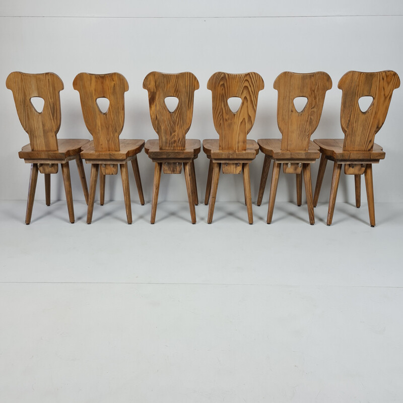 Lot de 6 chaises Brutalist vintage en pin suédois avec pieds octogonaux effilés 1960