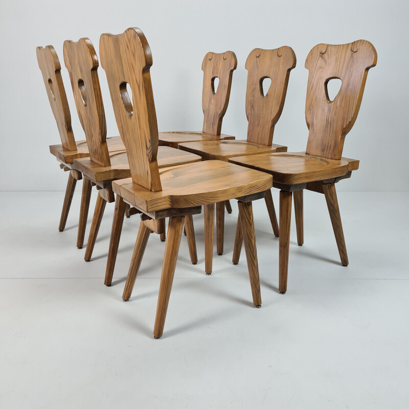 Lot de 6 chaises Brutalist vintage en pin suédois avec pieds octogonaux effilés 1960