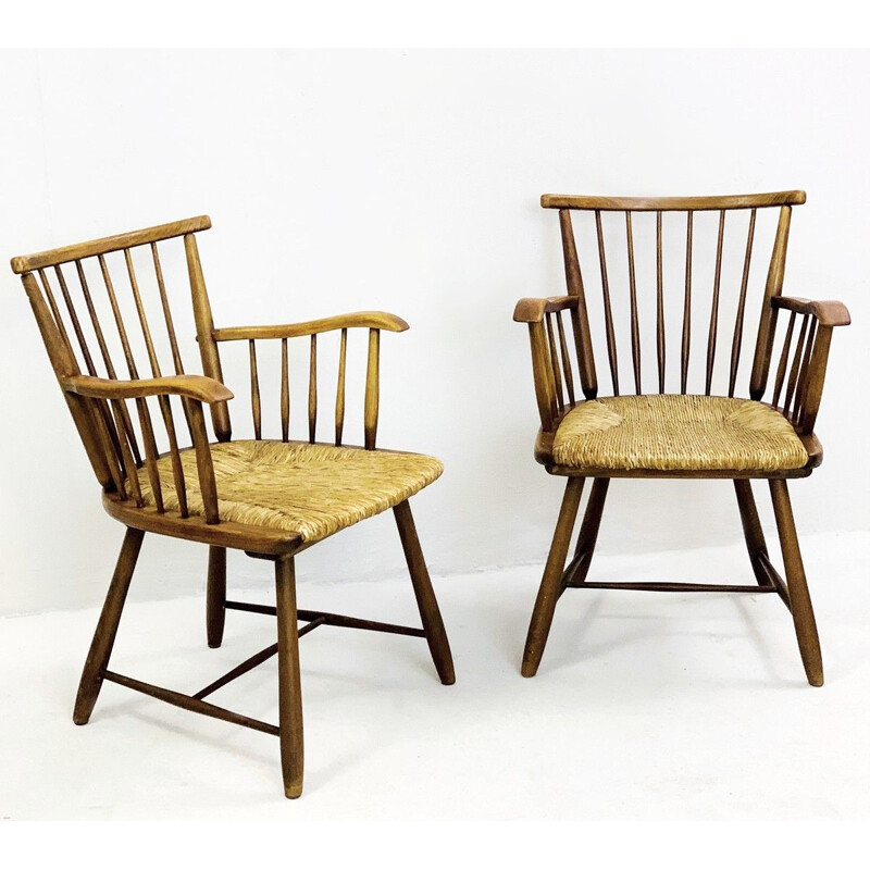Pair of vintage Ash And Rush Seats Armchairs By Arno Lambrecht For WK Mobel 1950s