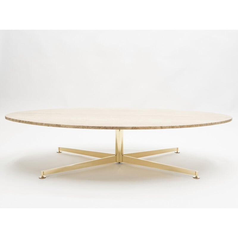 Large Michel Kin vintage coffee table for Arflex travertine and brass 1960s