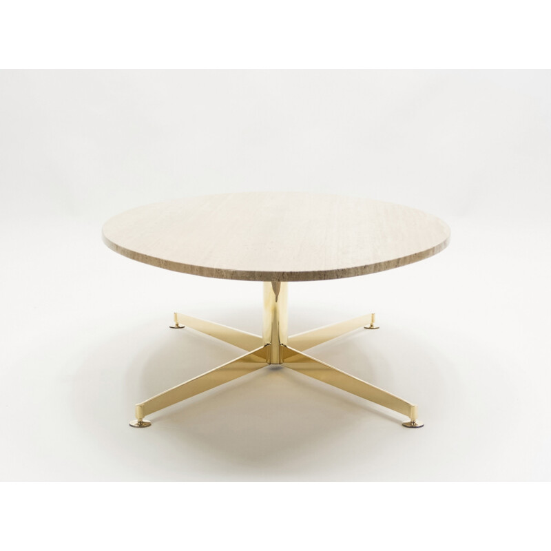 Grande table basse vintage Michel Kin pour Arflex travertin et laiton 1960