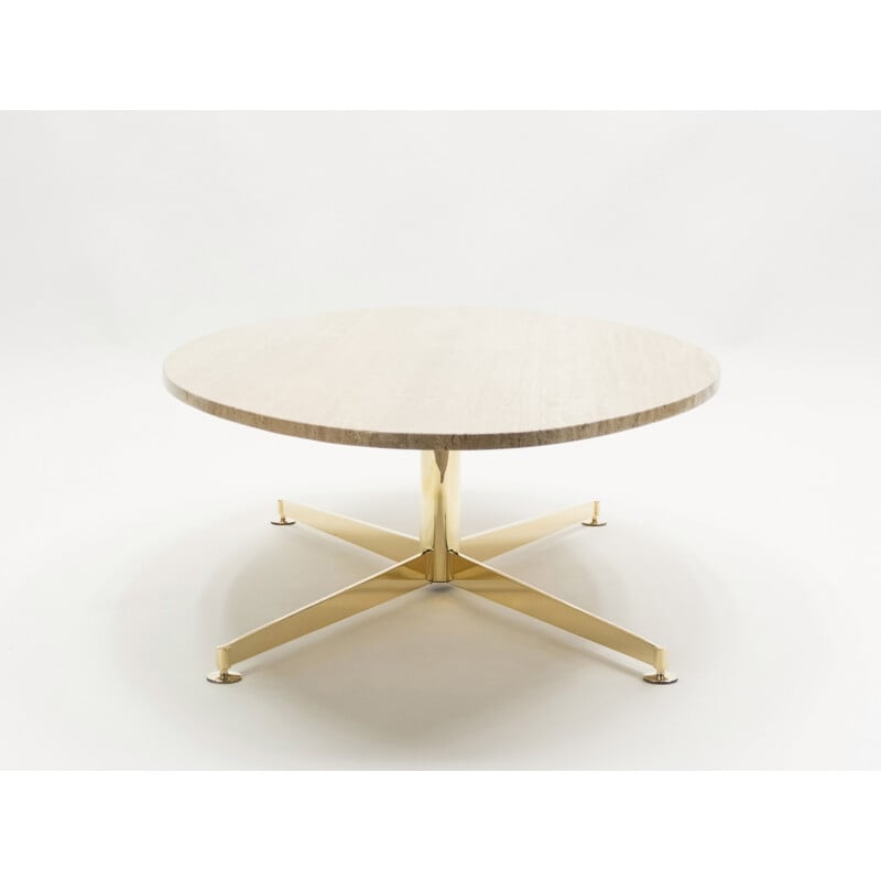 Large Michel Kin vintage coffee table for Arflex travertine and brass 1960s