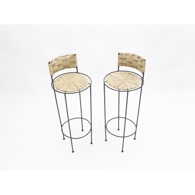 Pair of vintage metal and rope stools 1950s