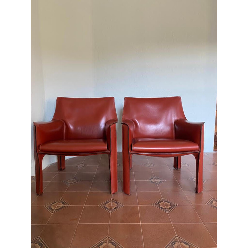 Pair of vintage ark Red Armchairs by Mario Bellini for Cassina