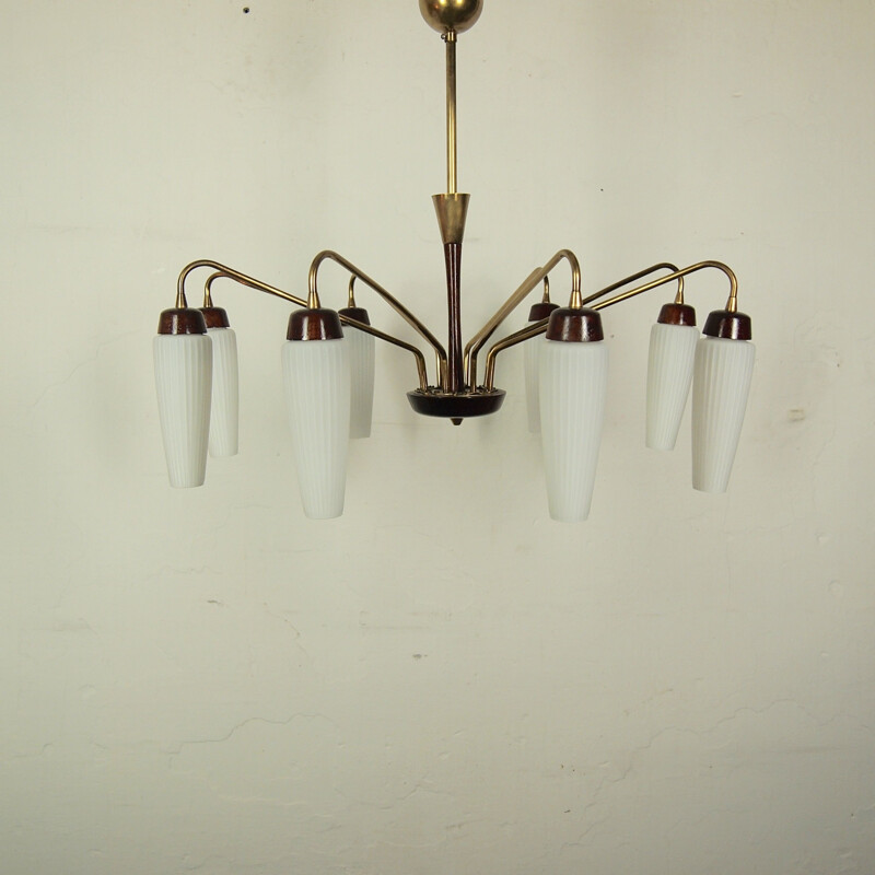 Vintage Italian brass and wood opaline chandelier 1950s