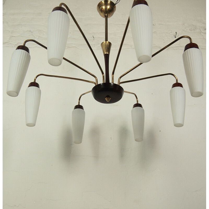 Vintage Italian brass and wood opaline chandelier 1950s