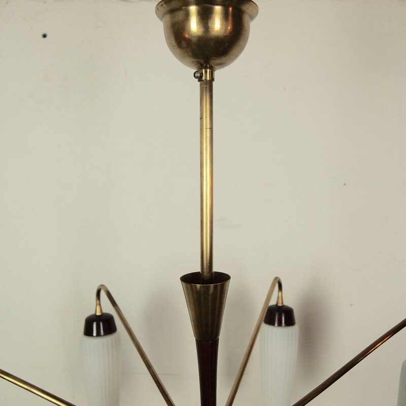Vintage Italian brass and wood opaline chandelier 1950s