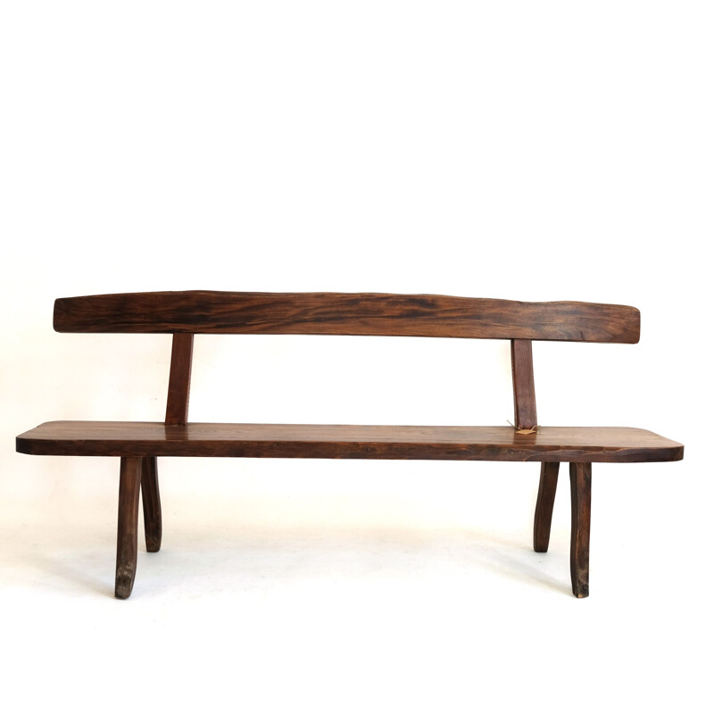 Large vintage brutalist bench in solid elm stained 1960s