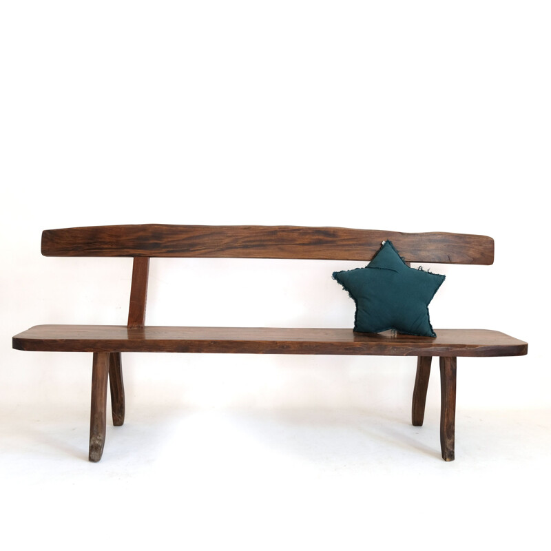 Large vintage brutalist bench in solid elm stained 1960s