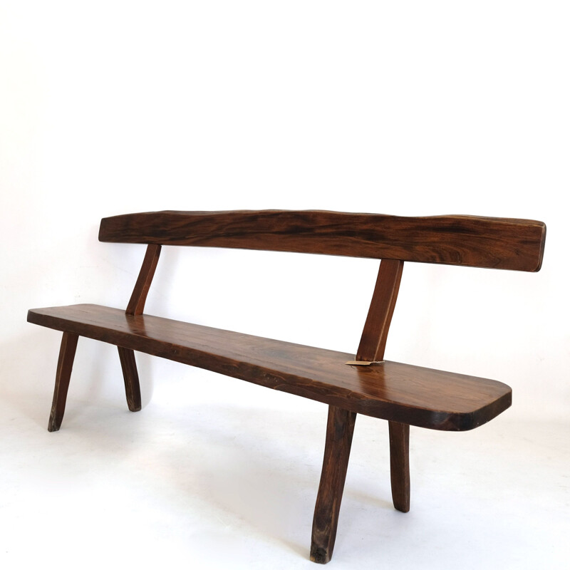 Large vintage brutalist bench in solid elm stained 1960s