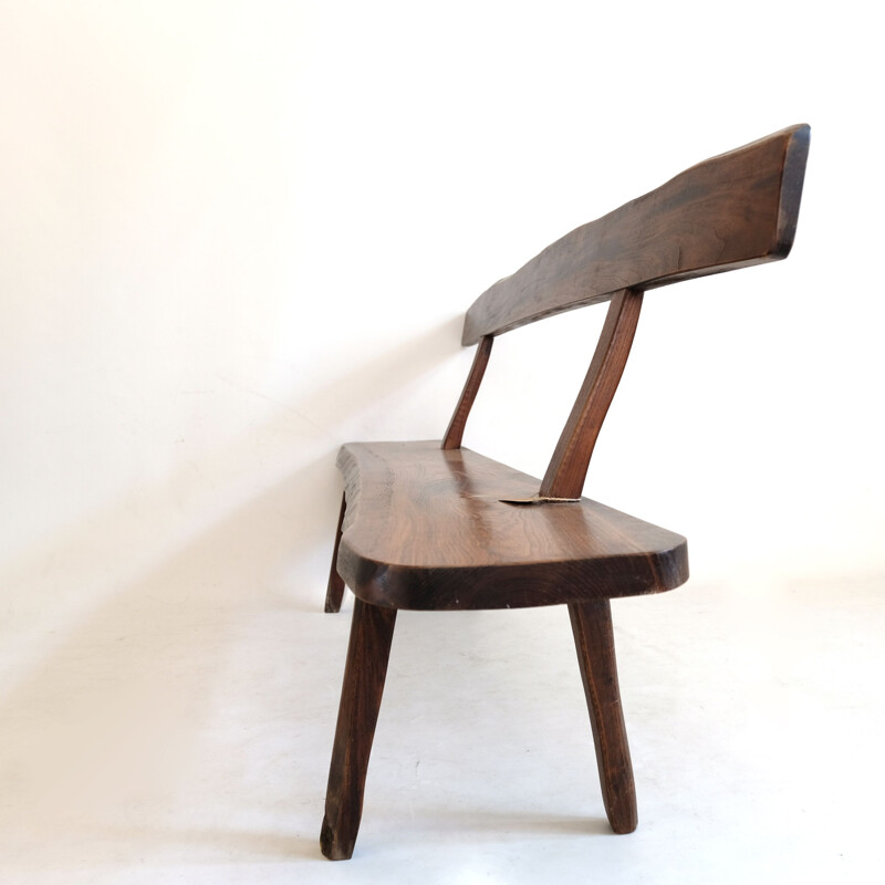 Large vintage brutalist bench in solid elm stained 1960s