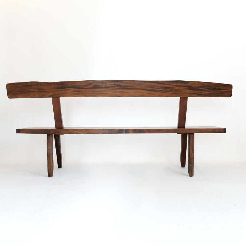 Large vintage brutalist bench in solid elm stained 1960s