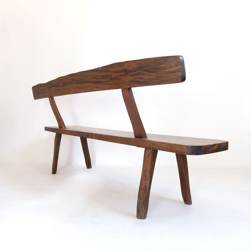 Large vintage brutalist bench in solid elm stained 1960s