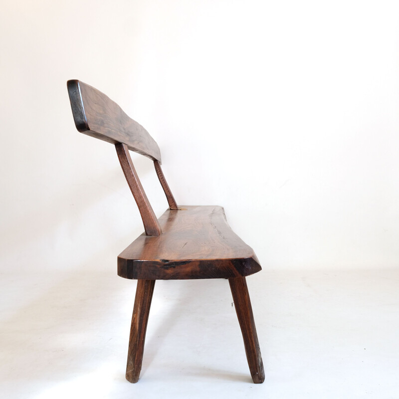 Large vintage brutalist bench in solid elm stained 1960s