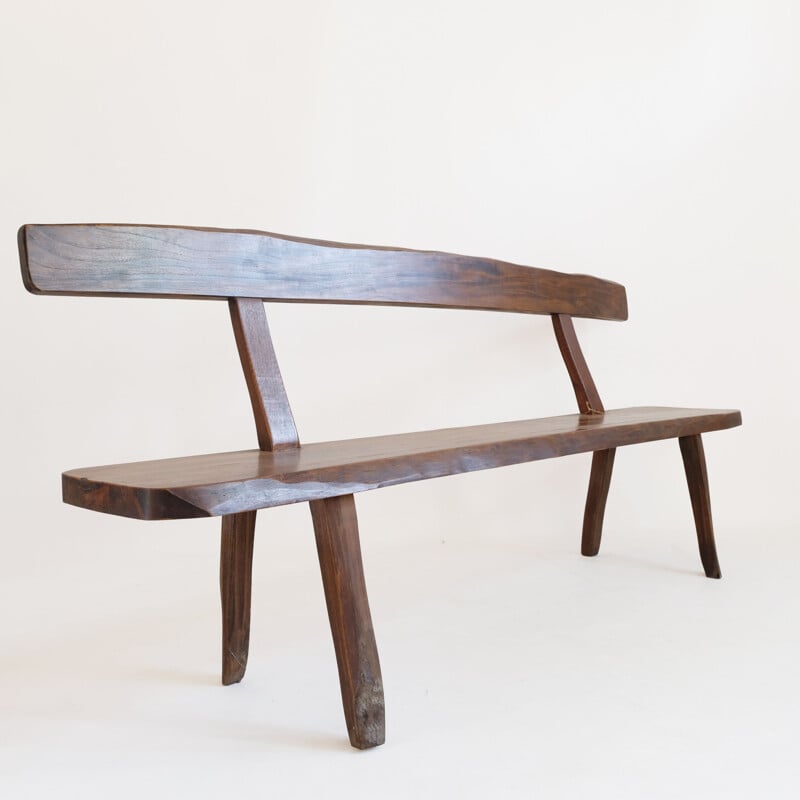 Large vintage brutalist bench in solid elm stained 1960s