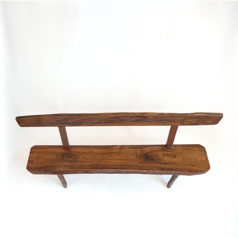 Large vintage brutalist bench in solid elm stained 1960s