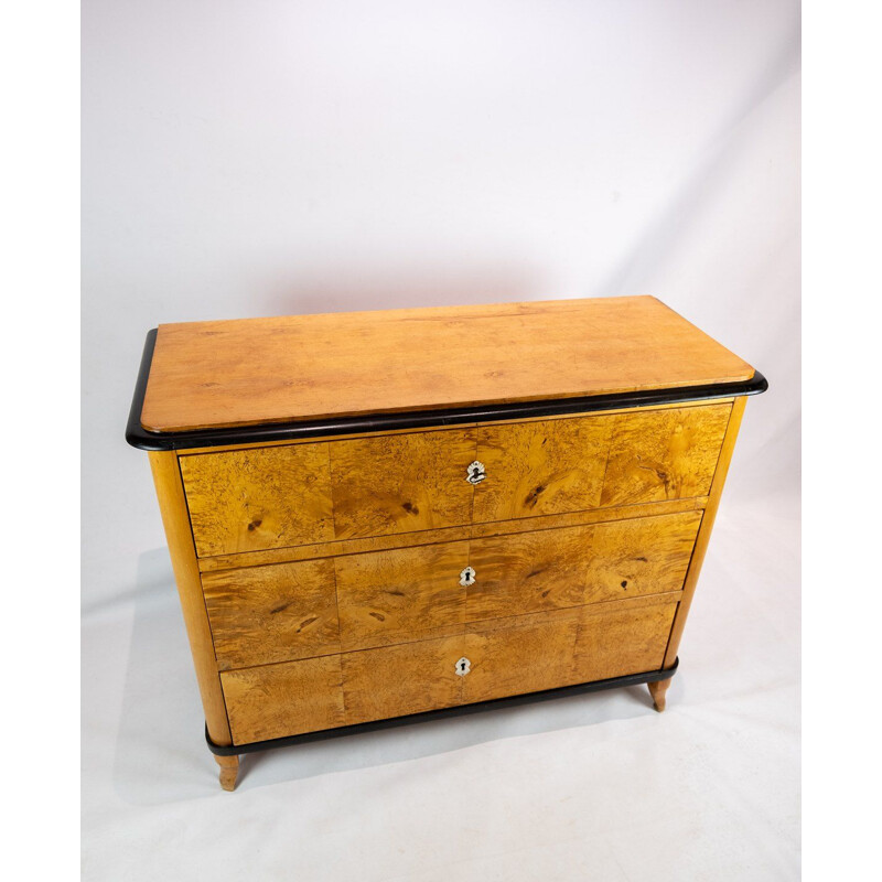 Vintage Chest of drawers with 3 drawers of polished birch wood and decorated with mother of pearl 1840 