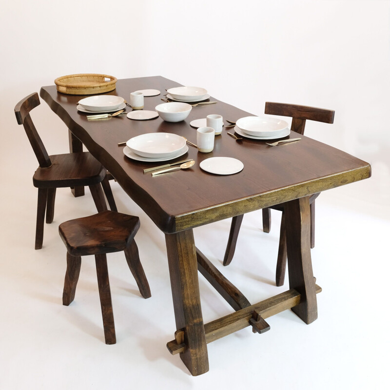 Grande table vintage brutaliste orme massif 1960
