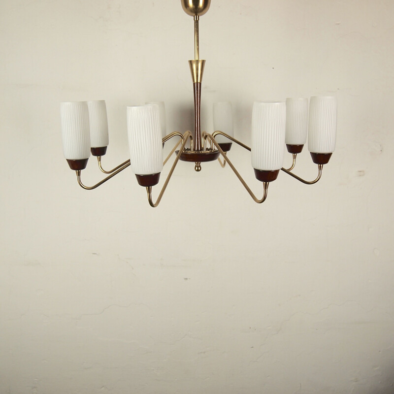 Vintage chandelier in opaline, brass and wood, Italy 1950
