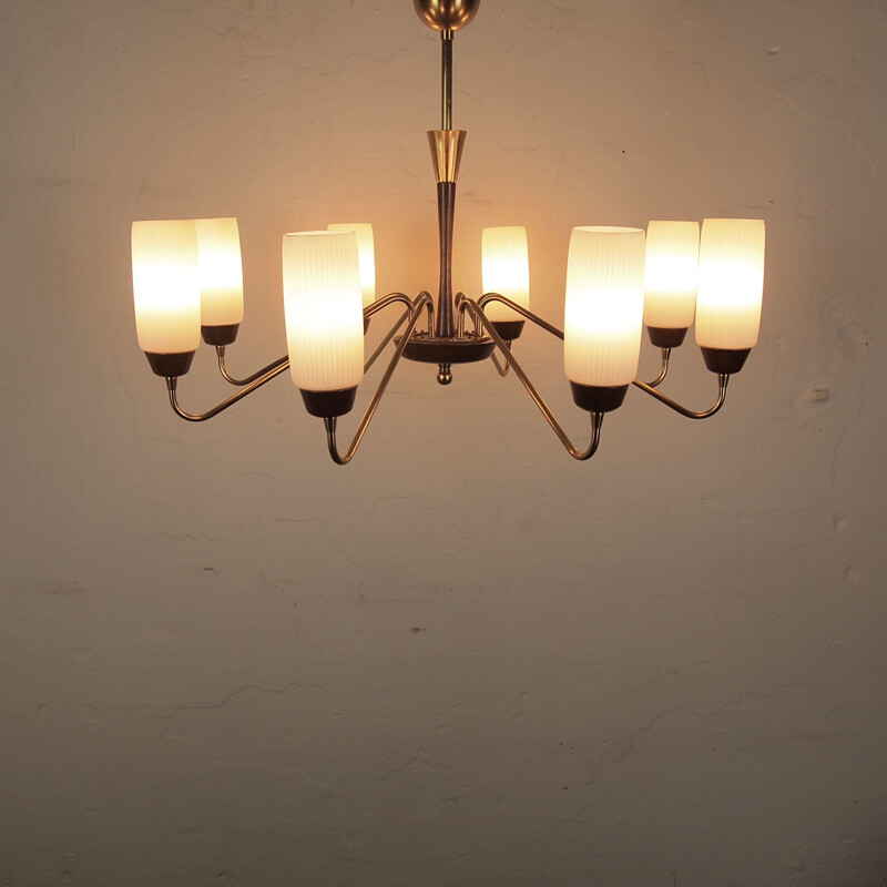 Vintage chandelier in opaline, brass and wood, Italy 1950