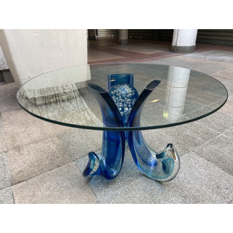 Table basse vintage en verre de murano bleu