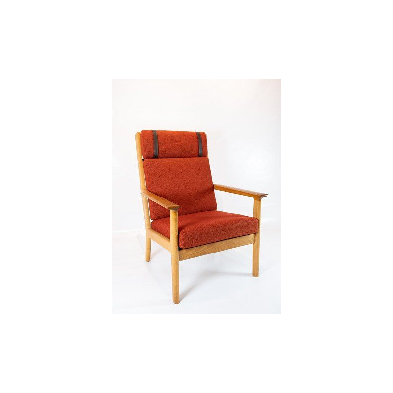 Large vintage armchair in oak and red wool fabric by Hans J. Wegner and Getama 1960