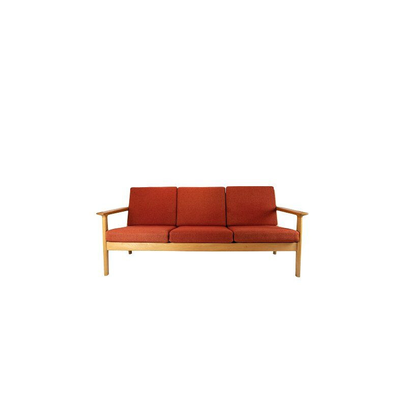 Vintage 3-seater sofa in oak and red wool fabric by Hans J. Wegner and Getama 1960