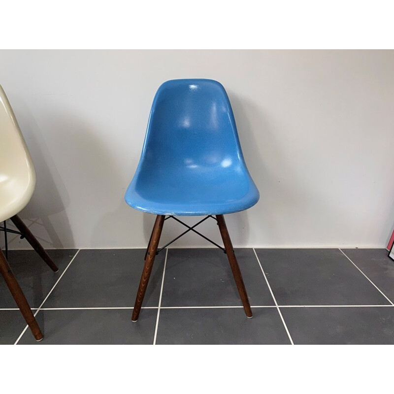 Vintage DSW turquoise blue walnut chair Herman Miller edition by Charles and Ray Eames