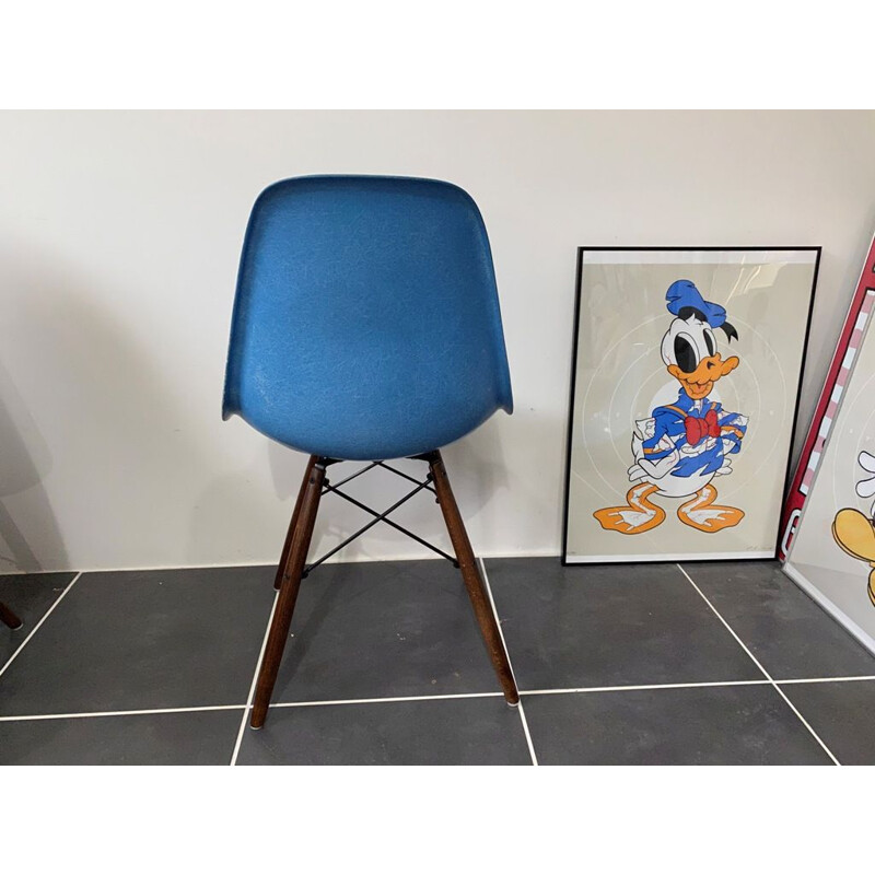 Vintage DSW turquoise blue walnut chair Herman Miller edition by Charles and Ray Eames