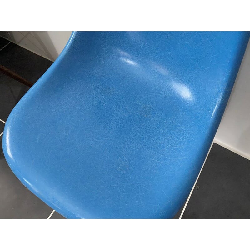 Vintage DSW turquoise blue walnut chair Herman Miller edition by Charles and Ray Eames