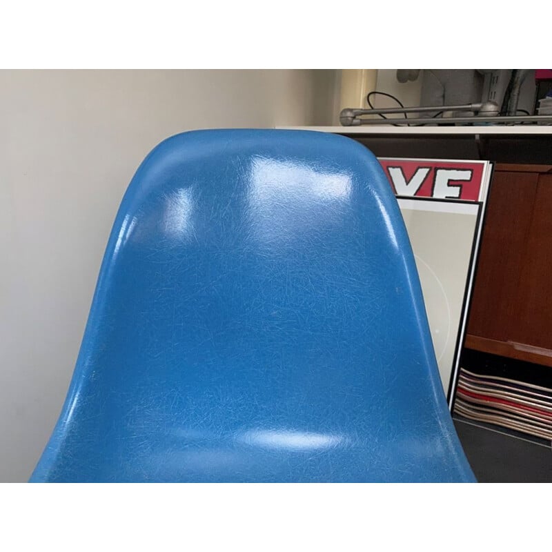 Vintage DSW turquoise blue walnut chair Herman Miller edition by Charles and Ray Eames