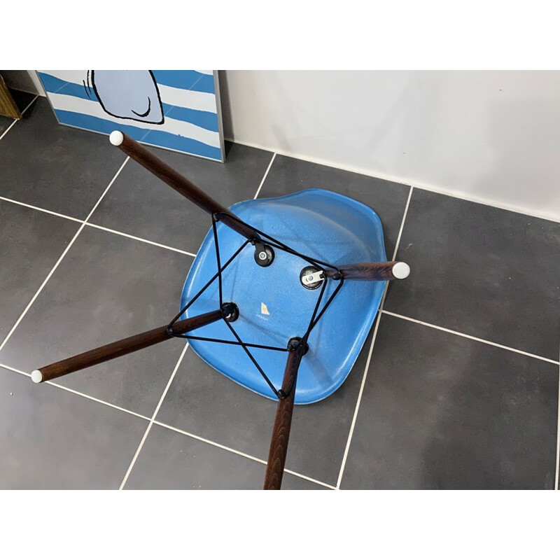 Vintage DSW turquoise blue walnut chair Herman Miller edition by Charles and Ray Eames