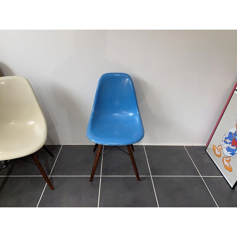 Vintage DSW turquoise blue walnut chair Herman Miller edition by Charles and Ray Eames