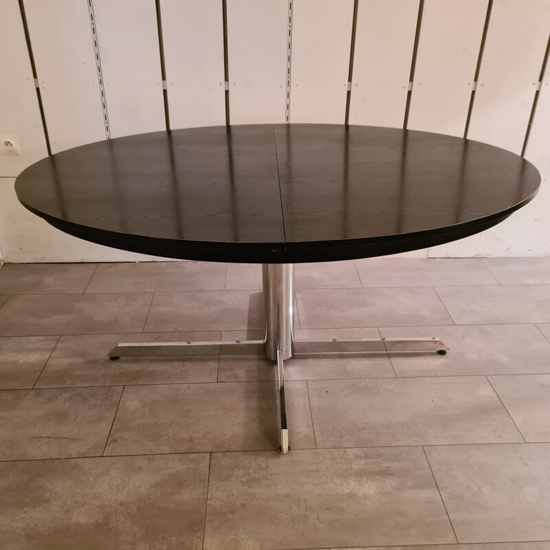 Vintage dining table in blackened wood and chrome base