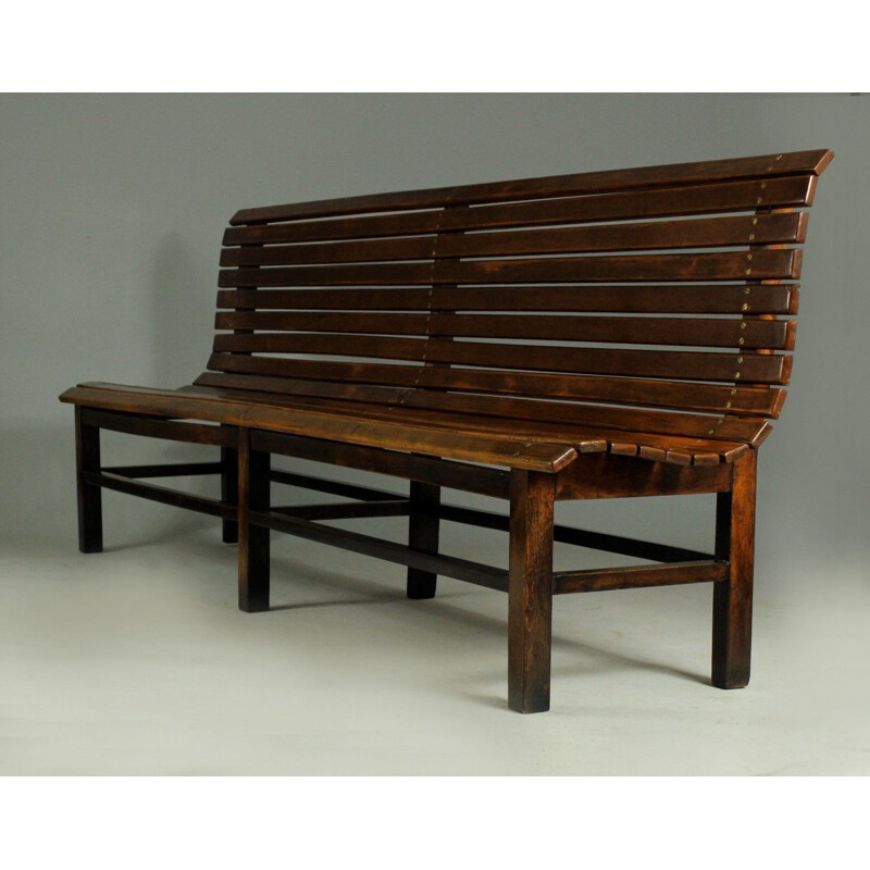 Long indoor railway station bench in solid beech wood 1940