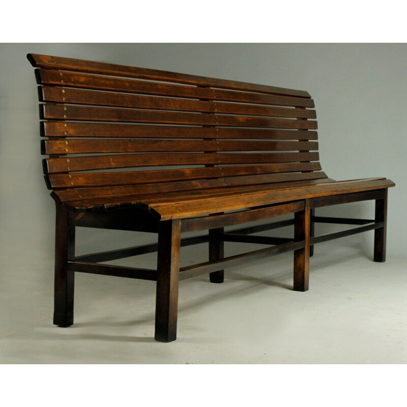 Long indoor railway station bench in solid beech wood 1940