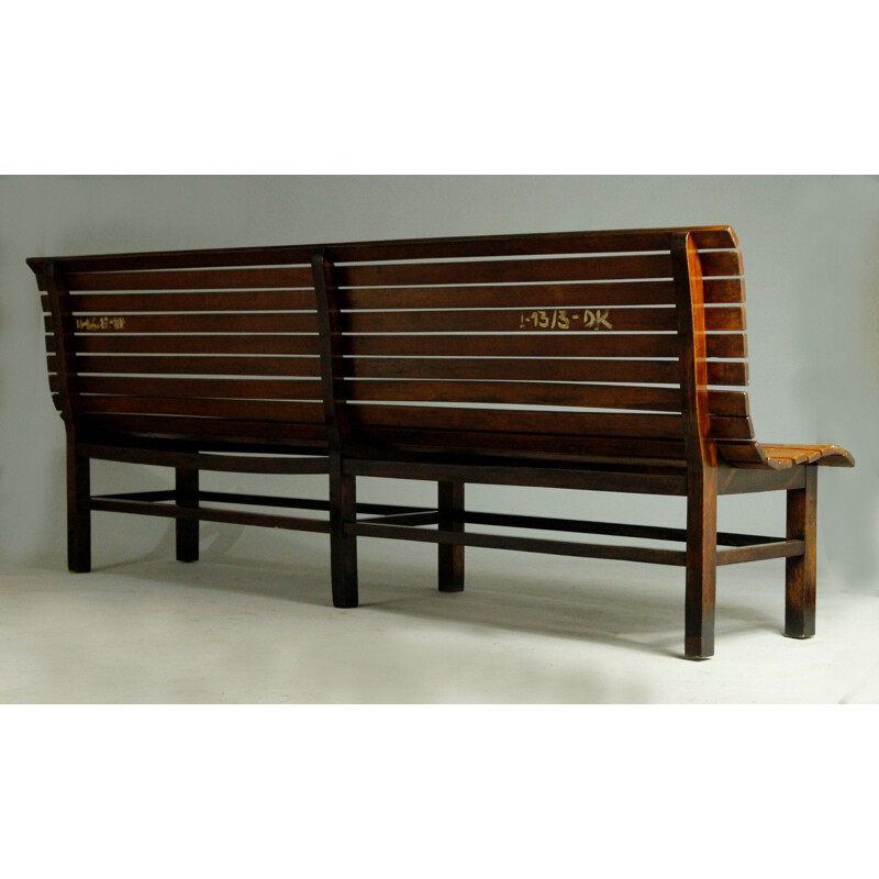 Long indoor railway station bench in solid beech wood 1940