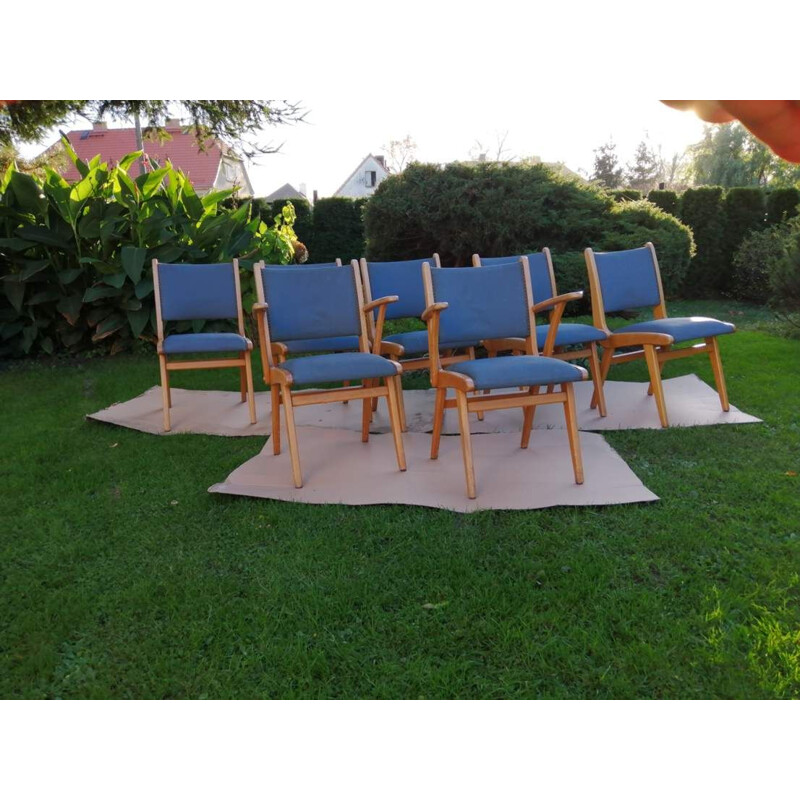 Lot of 7 vintage blue chairs 1960
