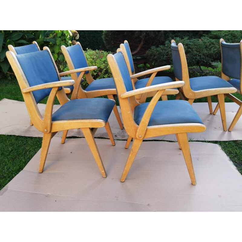 Lot of 7 vintage blue chairs 1960