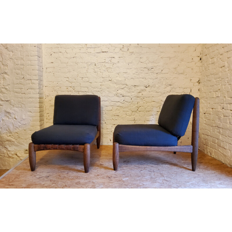 Pair of vintage brutalist armchairs with leather straps