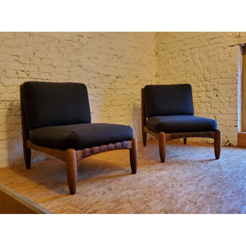 Pair of vintage brutalist armchairs with leather straps